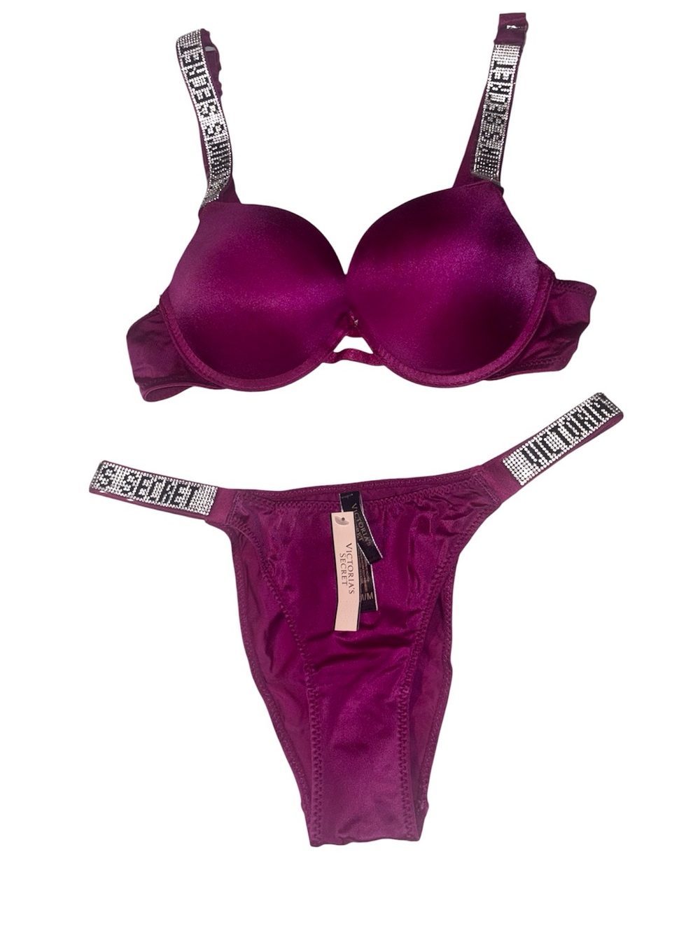 🆕 Victoria's Secret Fuchsia Push-up Bra & Bikini Underwear Set—Rhinestone Straps